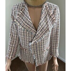 Anne Klein Fringe-Trim Red White Blue Tweed Lined Jacket Blazer, Size 12